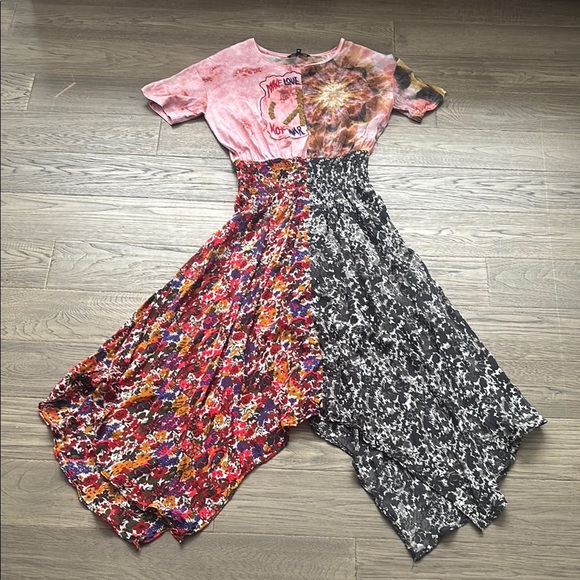 Desigual | Asymmetric Patch Print Dress / Make Love Not War / Floral Size 38 - Picture 4 of 16